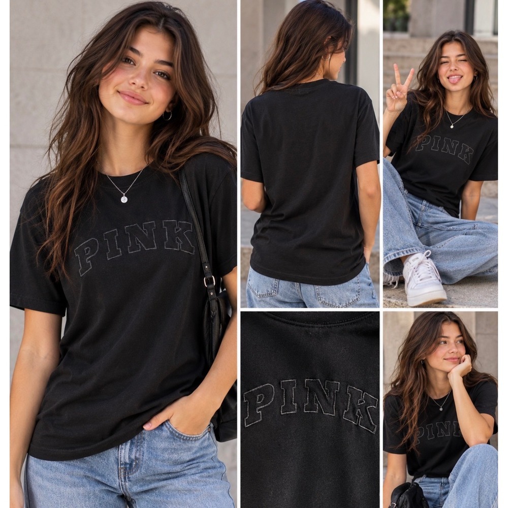 Victorias Secret PINK T-Shirt Womens Large Black Short Sleeve Embroidered Logo